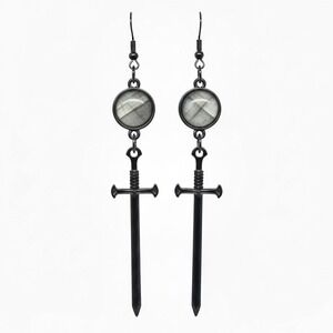 Black‎ Gothic Sword Drop Earrings with Labradorite Crystal Gemstone Accent
